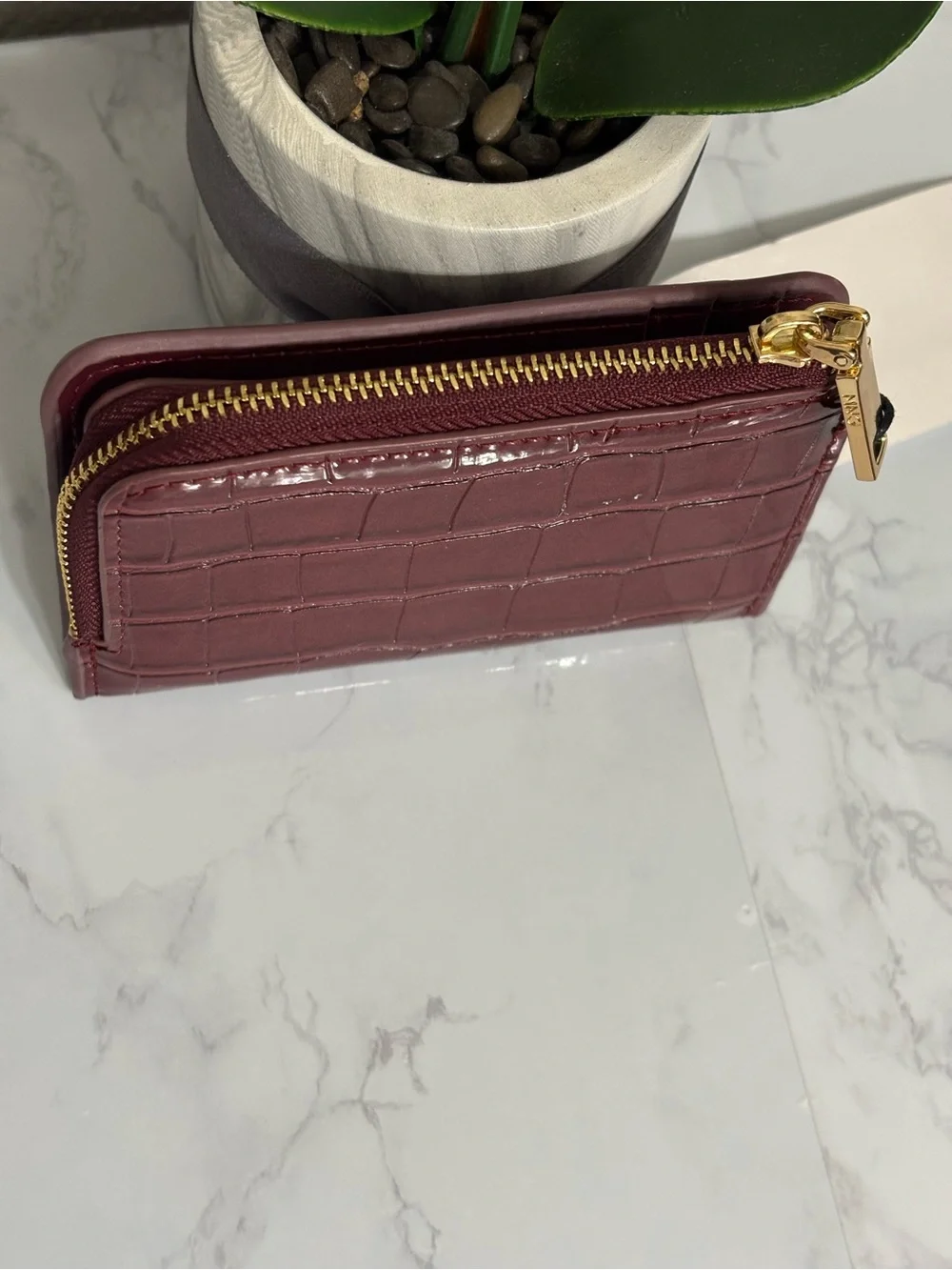 MANGO Burgundy Croc-Effect Small Credit Card/Coin Zipper Wallet